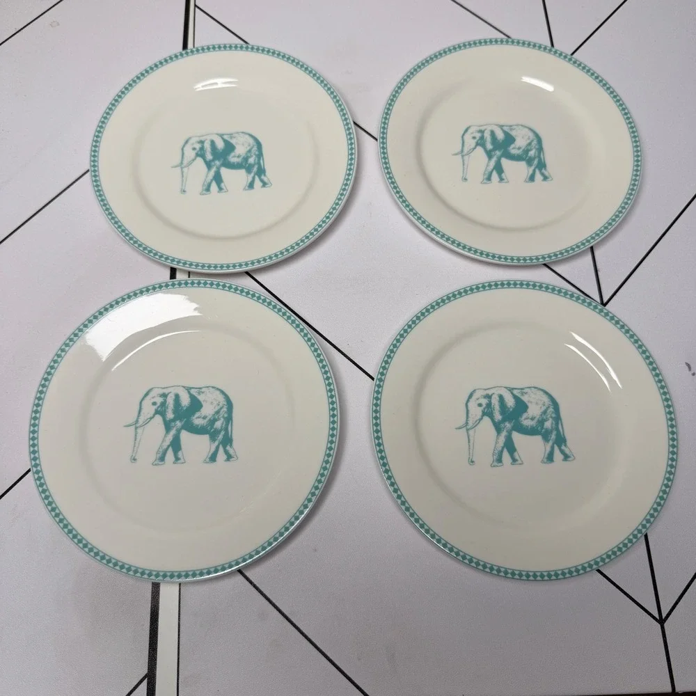 Set of 4 Ciroa Elephant Appetizer dessert side Plates‎ White Teal 6.25in Modern